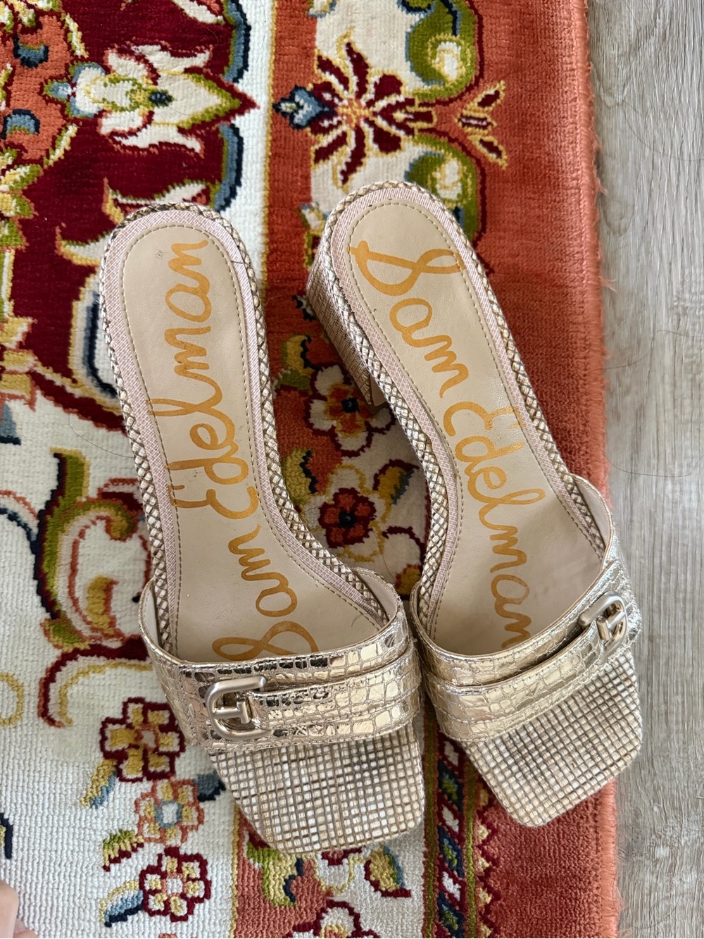 Sam Edelman Metallic Gold Croc-Textured Slide Mules